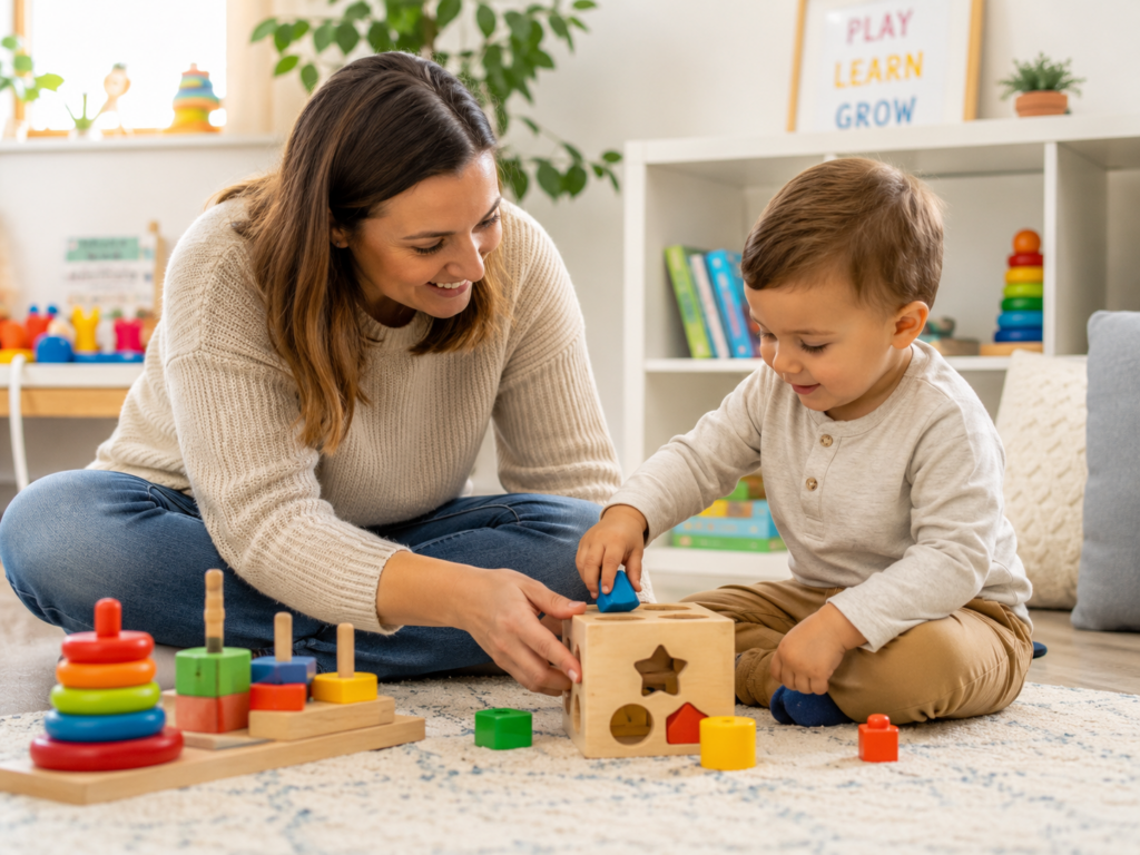 Child receiving play-based early intervention support with a caregiver