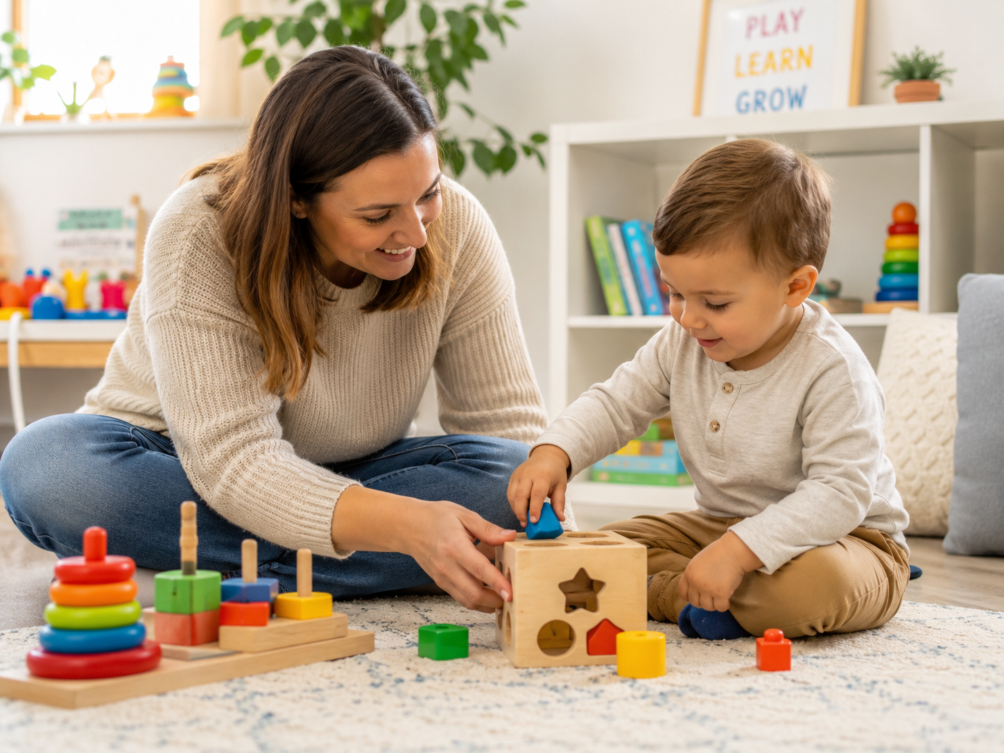 Child receiving play-based early intervention support with a caregiver